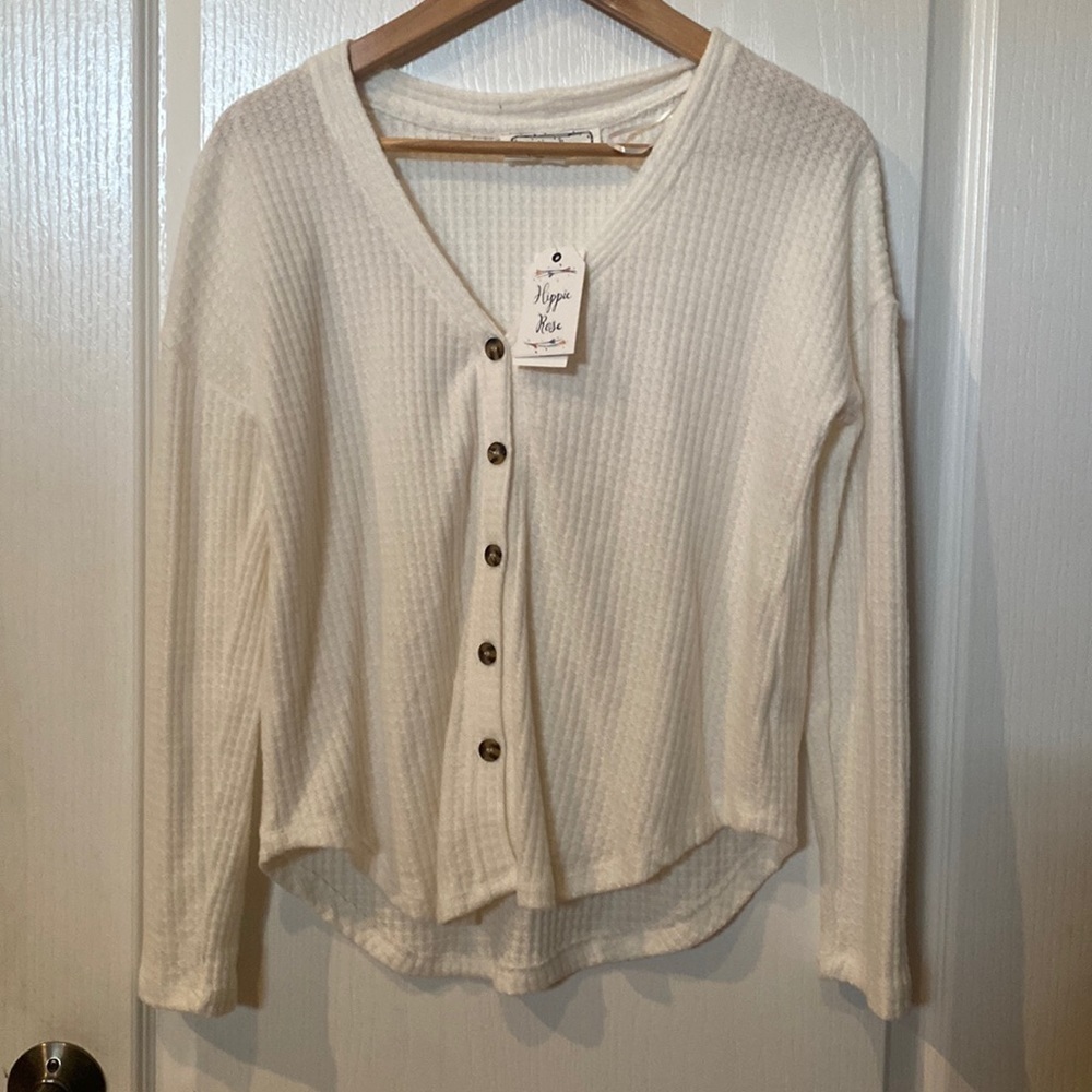 Hippie rose Sz S white waffle long sleeve shirt tail button up shirt a NWT